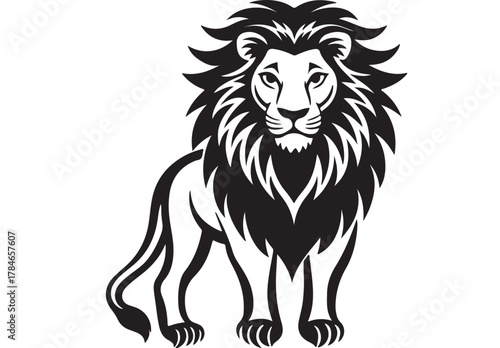 Black and white lion standing profile with detailed mane