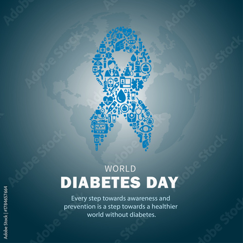 World Diabetes Day Awareness Blue Ribbon with Medical Icons on Dark Background