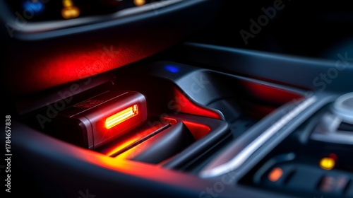 Close-up of a car's interior showcasing a glowing charging port and illuminated controls in a modern vehicle