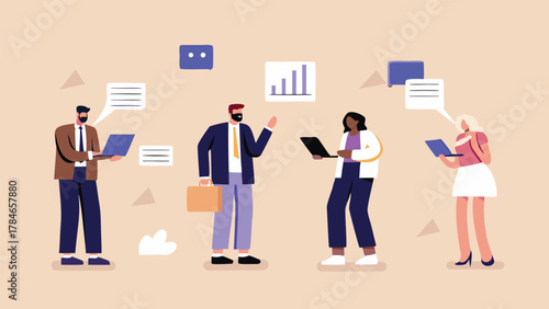 Diverse group of professionals collaborating with laptops and speech bubbles representing communication and idea sharing in a modern office setting