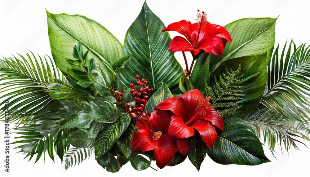 Obraz premium Lush Tropical Plant Arrangement Featuring Large Green Leaves Red Flowers And Vibrant Green Foliage Against A Transparent Background