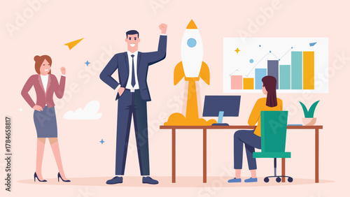 Successful business team celebrating startup launch with a rocket taking off and positive growth chart on the wall