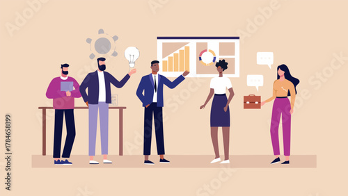 Diverse team collaborates on a business project presenting data charts and brainstorming ideas with a lightbulb symbol