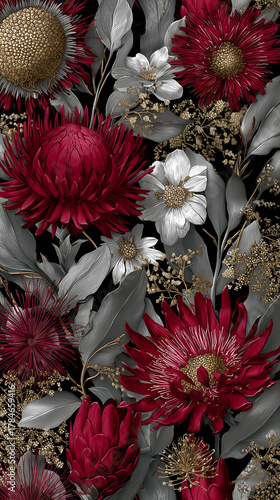 Vibrant floral composition with rich red flowers and delicate silver foliage