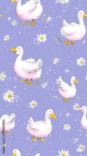 A repeating pattern of charming ducks and daisies set against a pale purple backdrop. The ducks are depicted with delicate brushstrokes and soft pastel hues, while the daisies add a touch of whimsy.