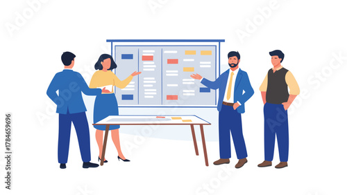 Diverse team of professionals collaborating and presenting ideas on a large whiteboard during a business meeting