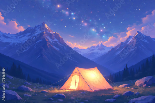 Glowing tent under starry mountain sky camping mountains