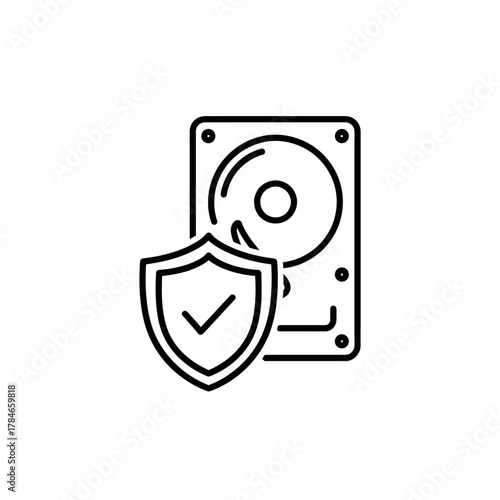 Secure hard drive icon with a shield and checkmark representing data protection and storage safety
