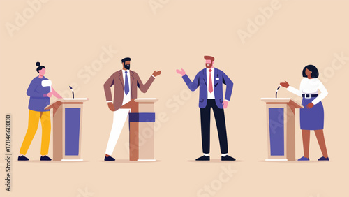 Diverse group of candidates engaging in a political debate standing at podiums with microphones in a modern flat illustration style
