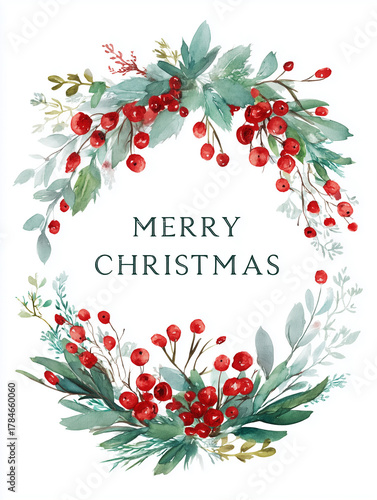 A festive Christmas wreath with red berries and the text Merry Christmas in the center. The wreath is beautifully crafted with various green leaves and branches
