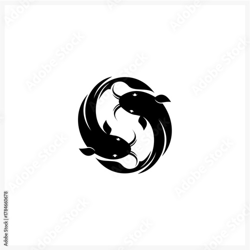Elegant circular emblem with two swimming catfish in a yin-yang style. Black and white vector illustration for a modern logo design or icon, concept 214.eps