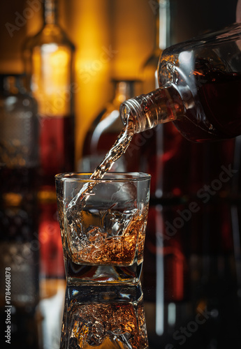 Pouring whiskey from a bottle into a glass.