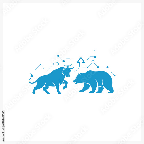 Symbolic depiction of competing financial market forces, a bull and a bear, illustrating investment trends and economic dynamics with abstract data visualizations