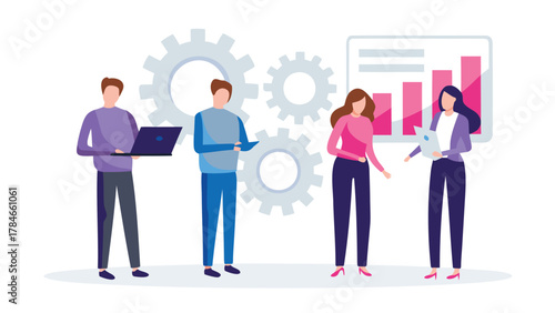 Diverse team of professionals collaborating on a project with gears and a growth chart representing business success and teamwork