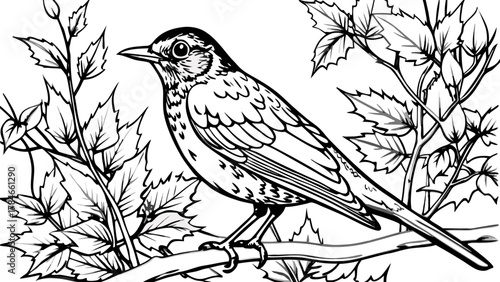 Very beautiful American Robin perched on a branch in the autumn woods of Michigan, USA, featuring vibrant fall foliage, soft natural light, and a realistic serene wildlife scene.