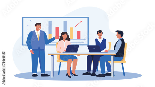 Business team meeting around a table with laptops and a presentation chart showing upward growth and progress