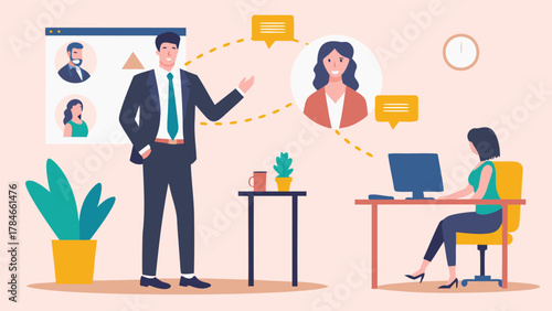 Business professionals collaborating remotely through online video calls and digital communication in a modern office setting