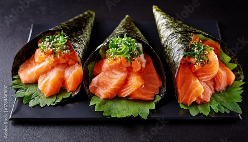 Delicious Salmon Temaki Cones Topped With Fresh Greens On A Black Background