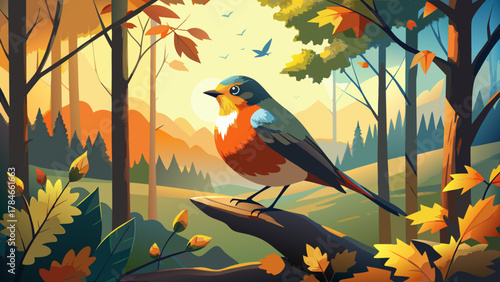 Very beautiful American Robin perched on a branch in the autumn woods of Michigan, USA, featuring vibrant fall foliage, soft natural light, and a realistic serene wildlife scene.