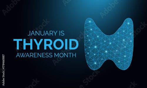 Thyroid Awareness Month is observed in January, symbolized by the blue, pink, and purple ribbon promoting early detection and thyroid health awareness banner design. Designed in a low poly style.