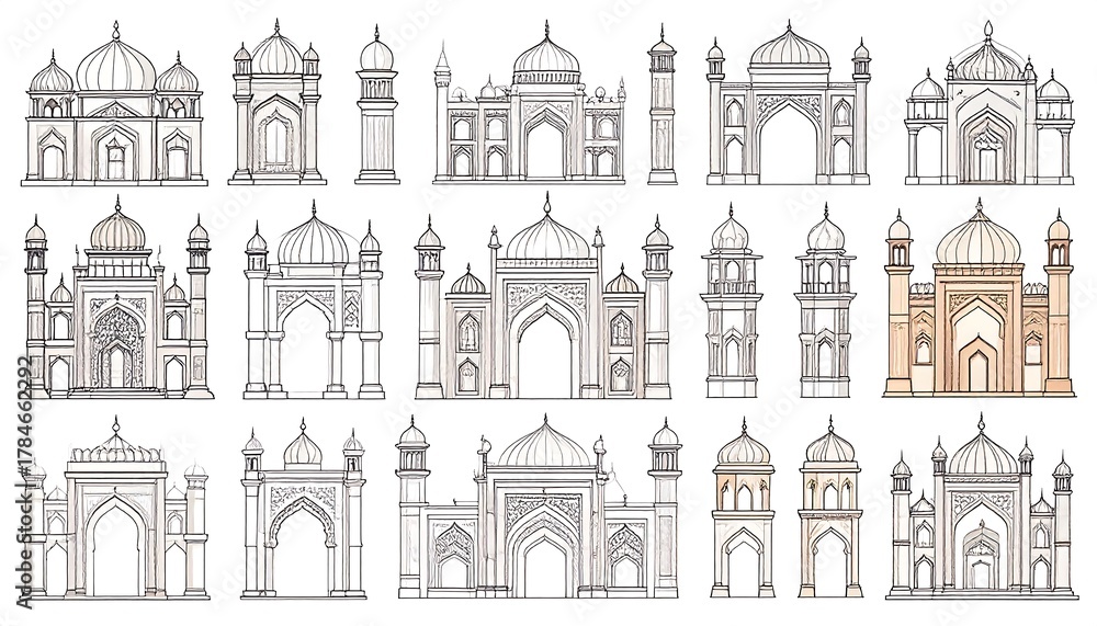 Fototapeta premium Collection of Hand-Drawn Architectural Sketches of Islamic Buildings.