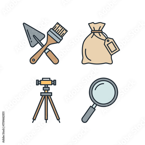 Archaeological tools and equipment for excavation and discovery of artifacts.
