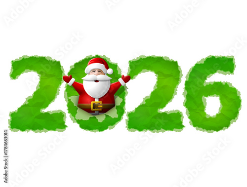 New Year 2026 of crumpled paper isolated on white. Santa Claus is sticking out of hole in paper with his hands up. Vector image for new years day, christmas, winter holiday, new years eve, silvester