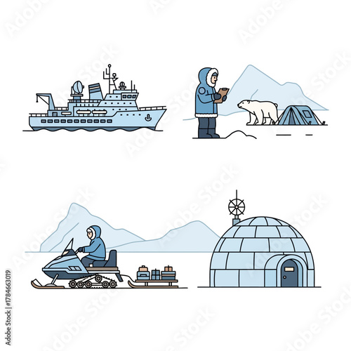 Arctic exploration scenes featuring ship, person, polar bear, snowmobile, and igloo.