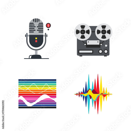 Audio Recording and Sound Wave Illustrations - Microphone, Recorder, and Visualizations.