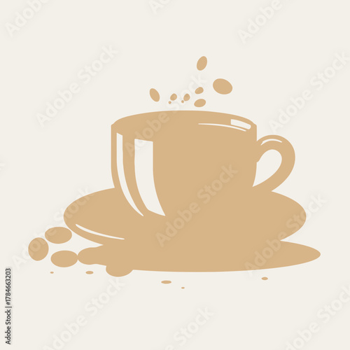 AI Image: Simplistic representation of a spilled coffee cup with scattered drops adding dynamism