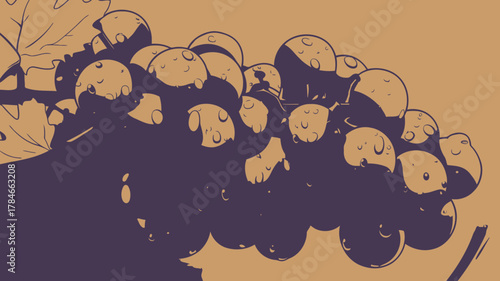 AI Image Cartoonish depiction of a cluster of grapes with leaves and artistic shadows and warm