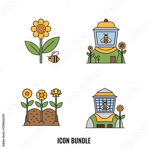 Beekeeping and Sunflower Themed Cartoon Icon Bundle Set.