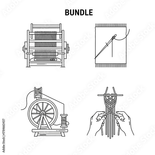 Bundle of line art icons for traditional textile crafting.