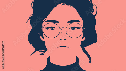 AI Image A minimalist portrait of a young woman with glasses against a peach backdrop exploring