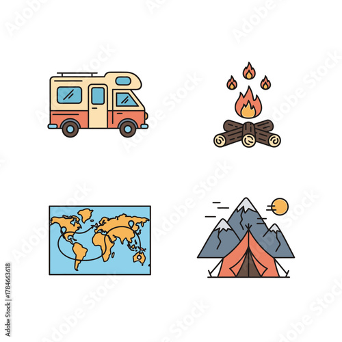 Camping adventure with RV campfire map and tent under the sun.