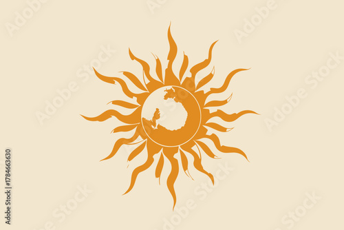 AI Image A stylized sun-like symbol with irregular rays and a hint of the Earth globe inside it