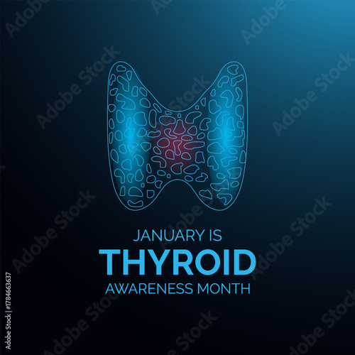 Thyroid Awareness Month is observed in January, symbolized by the blue, pink, and purple ribbon promoting early detection and thyroid health awareness banner design. Designed in a low poly style.