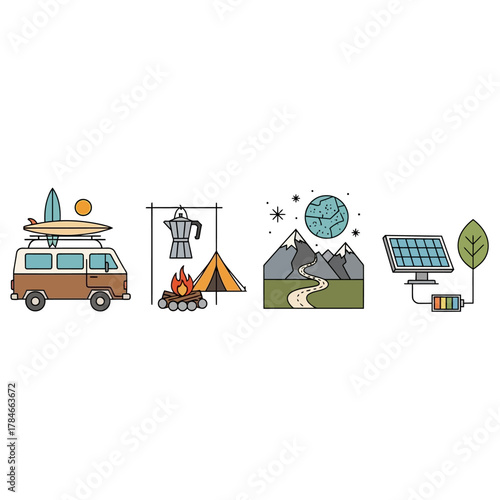 Camping and Outdoor Adventure Icons - Van, Campfire, Mountains, and Solar Panel.