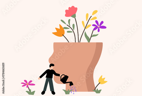 Man watering plants and flower, mental health care illustration