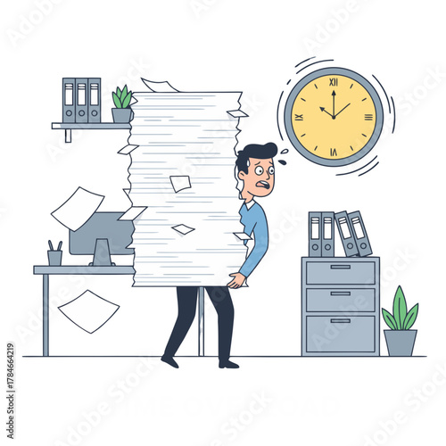 Stressed Man Carrying Huge Stack of Papers In Overcrowded Office Near Desk With Computer And Clock Showing Overtime Workload