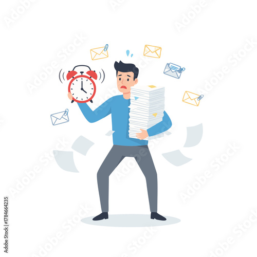 Stressed Man Overwhelmed with Tasks and Emails Holding Stack of Papers and Alarm Clock While Papers Fly Around Him in an Office Environment