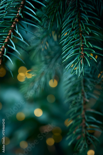 Christmas tree branch and yellow lights garlands blurred in bokeh.