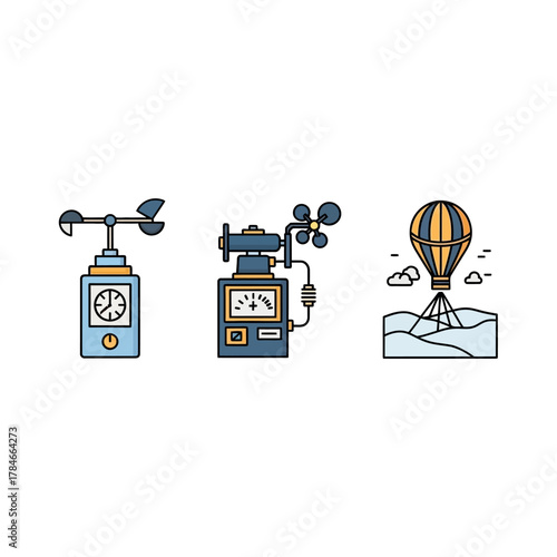 Collection of vintage weather instruments and hot air balloon illustration.