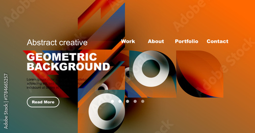 Modern website mockup features vibrant geometric shapes, text elements, navigation menu. Orange, blue hues dominate design.
