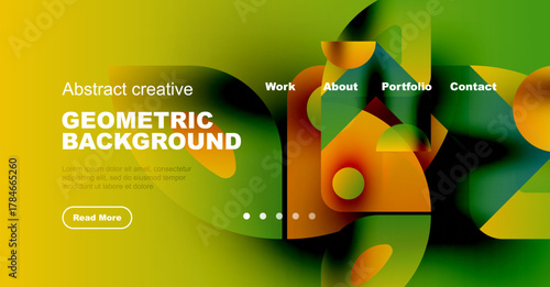 Vibrant geometric background design. Features flowing shapes, text elements, navigation menu, plus button for more info. Modern aesthetic.
