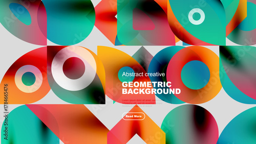 Abstract geometric shapes overlap, creating vibrant colorful background. Text block present, button visible. Modern design elements dominate composition.