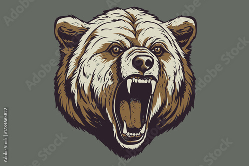 AI Image Vector Illustration of a Ferocious Grizzly Bear Head with Open Mouth Showcasing Sharp Teeth