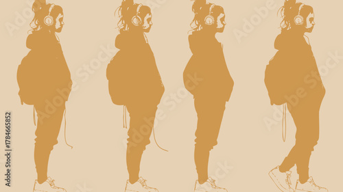 AI Image  Silhouette of a young woman with headphones and backpack showing multiple instances