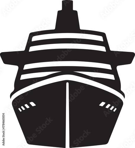 Vector front view silhouette of a large cargo ship or freighter sailing on the open ocean, isolated.