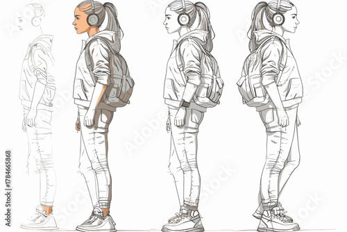 AI Image Sketch featuring Young Woman with Headphones, Backpack, and Street Style Sketch Outlines
